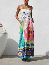 ieftine proiectează rochii din bumbac și in-Pentru femei Rochie Lunga Rochie Maxi Rochii de in bumbac Rochie casual Rochie Slip Modă În aer liber Petrecere Concediu Fit regulat Bloc Culoare Fără manșon Bretele Spagheti Albastru piscină Vară