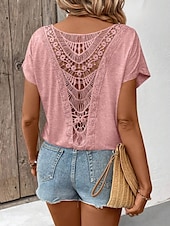 preiswerte Einfarbiges T-Shirt-Damen T-Shirt Einfarbig Einfach Mode Modern Lässig Kurzarm Rundhalsausschnitt Regulär Oberteile Täglich Wochenende Spitze Patchwork Schwarz Weiß Pink Khaki Sommer