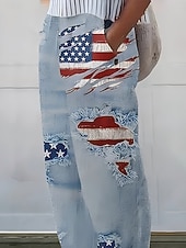  Pantaloni patriottici da donna in stile lino 3D stampa pantaloni vacanza vintage stile etnico lunghezza intera cordoncino tasche laterali stampa traspirante comodi inelastici weekend
