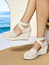 economico Sandali espadrilles-sandali con zeppa espadrillas in pizzo all'uncinetto da donna - scarpe con plateau chiuse in stile vintage con cinturini alla caviglia, ideali per matrimoni estivi in spiaggia e feste in giardino