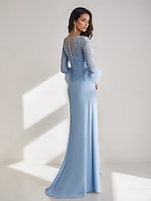 cheap BLUE-Blue A-Line Evening Gown Elegant Dress Formal Wedding Floor Length Long Sleeve Crew Neck Chiffon with Feather Ruffles 2025