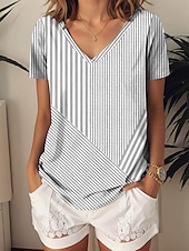 billige Boho t-skjorte-Dame T skjorte Grafisk Geometrisk Stripet Årgang Stilfull Etnisk Kortermet V-hals Vanlige topper Daglig Ut på byen Strand Klær Trykt mønster Rosa Blå Lilla Grønn Grå Sommer Vår