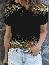 billige Blomster t-skjorte-Dame T skjorte Sommertopper Grafisk Klassisk Fritid Kortermet Crew-hals Crop Tops Daglig Helg Trykt mønster Svart Sommer Vår Høst