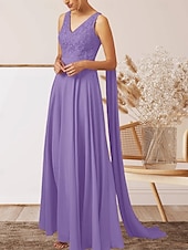 cheap Wedding Guest Dresses-A-Line Wedding Guest Dresses Elegant Dress Wedding Guest Engagement Floor Length Sleeveless V Neck Fall Wedding Guest Chiffon with Appliques