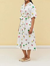abordables concevoir des robes en coton et lin-Femmes Robe Longue Maxi Robe Robes en coton et lin Robe Décontractée Mode Extérieur Soirée Fête Coupe régulière Fleur Manche Courte Col de chemise Blanche Été