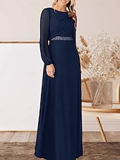 abordables Longueur du plancher-Robe A-Ligne pour Mère de la Mariée Invité de Mariage Élégante Col Arrondi Longueur Sol Chiffon Manches Longues avec Perles Ruché