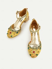 abordables Barroco &amp; Declaración-Tacones de bloque bordados barrocos de mujer estilo real dorado inspirado en el Gatsby de los años 1920 con adornos de piedras preciosas para ocasiones formales escénicas y de vestuario