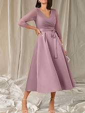 cheap Tea Length-A-Line Mother of the Bride Dress Wedding Guest Elegant Sweet V Neck Tea Length Satin Half Sleeve with Sash / Ribbon Beading Ruching 2025