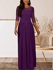 baratos Comprimento do chão-Vestido para Mãe da Noiva em A Convidada de Casamento Elegante Decote Redondo Comprimento até o Chão Chiffon Manga Curta com Pregas e Apliques