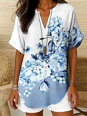 abordables Hauts Floraux-Blouse Femme Col en V Ombre Graphique Floral Élégante Bohème Vintage Manches Courtes Col Noté Hauts Quotidien Vacances Sortie Vert Sauge Blanc Vert Clair Bleu Ciel Rose Pêche Été