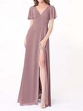 economico Abiti da damigella-Abito A-Line Damigella d&#039;Onore V Collo Manica Corta Elegante Lunghezza del Pavimento Chiffon con Fessura Frontale/Ruching