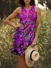 cheap Boho Dress-Women&#039;s Mini Dress Sundress Shift Dress Off The Shoulder Dress Vacation Casual Outdoor Home Party Regular Fit Floral Graphic Sleeveless V Neck Red Blue Purple Green Summer Spring