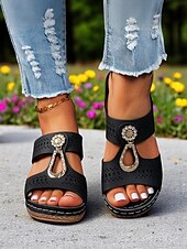 billige Uformelle sandaler-damesandaler med grov hæl – hult strass-design, retrospennedekor, komfortabel såle, for turer utendørs, hage og uformelle sommerantrekk