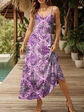 abordables Robes Boho-Femmes Robe maxi Robe d&#039;Été Robe trapèze Robe Nuisette Vacances Occasionnel Boho Plage Coupe régulière Graphique Abstrait Vintage Sans manches Col en V Jaune clair Rose Claire Bleu Violet Claire Ét