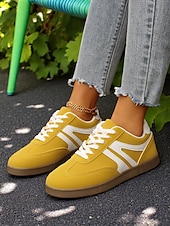 abordables Baskets femme-Baskets basses rétro jaunes pour femmes - Chaussures décontractées à lacets vintage, confortables au quotidien pour un style urbain et extérieur