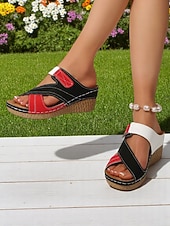 baratos Sandálias plataforma anabela-sandálias femininas de cunha vermelhas e pretas - confortáveis e elegantes com tira ajustável, perfeitas para uso casual e passeios descontraídos