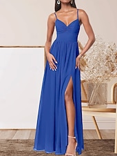 abordables Robes de demoiselle d&#039;honneur-Robe de demoiselle d&#039;honneur trapèze, col en V, sans manches, élégante, longueur au sol, en mousseline extensible avec plis / devant fendu / froncé 2025