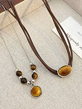 abordables Collier pour femme-Ensemble de colliers et pendentifs en pierre œil de tigre double couche de style bohème pour femmes, matériau en pierre naturelle, adapté aux tenues décontractées, quotidiennes et de fête