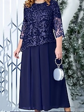 preiswerte Teelänge-A-Linie Plus Size Kleid Mutter der Braut Kurvenkleid Elegantes Rundhals Knöchel Länge Spitze 3/4 Länge Ärmel mit einfarbig 2025