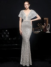 billige Semi-formell / Cocktail-Mermaid  trumpet quinceanera kjoler elegant kjole formell bryllup gulvlengde kortermet V-hals paljett med paljett
