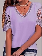 economico Top in Pizzo-Per donna Maglietta Semplice Moda Moderno Casual Manica Corta Scollo a V Top Regolari Quotidiano Uscire Weekend Pizzo Patchwork Traforato Bianco Rosa Viola Azzurro Estate Primavera