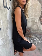 abordables concevoir des robes en coton et lin-Femmes Mini Robe Robes en polycoton et lin texturé Robe Décontractée Robe débardeur Robe d&#039;été Basique Quotidien Week-end Coupe régulière Uni Sans manches Col en V Noir Blanche Bleu Gris Été