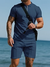 olcso Vakáció-Férfi Pólóingek Quarter Zip Polo Szabadtéri Hétköznapi viselet Hajtóka Rövid ujjú Divat Hawaii Sima 2 db Nyár Normál Fekete Fehér Sötétkék Királykék Lóhere Khakizöld Pólóingek