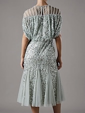abordables Longueur du thé-Robe A-Line Mère de la Mariée Mariage Plage Simple Luxueuse Col Ronde Robe Invité de Mariage Longueur Thé Midi Longueur Dentelle Sequins Manches Courtes avec Perles