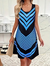 tanie Sukienki w paski i geometryczne-Damskie Sukienka mini Sukienka letnia Sukienka A line Letnie sukienki Urlop Codzienny Regularny Graficzny Geometryczny Naszywka Bez rękawów Dekolt w kształcie litery U Czarny i biały Niebieski Khaki
