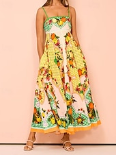 economico abiti stampati in cotone e lino-Per donna Abito Lungo Maxi Abito Abiti in cotone e lino Vestito Casual Abito Sottoveste Moda All&#039;aperto Feste Ferie Vestibilità regolare Frutta Senza Maniche Spalline sottili Giallo Estate