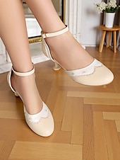 tanie Lata 50. XX wieku-damskie kremowe buty na obcasie typu Mary Jane z lat 50. – falbaniaste buty z paskiem wokół kostki na przyjęcia herbaciane, wesela i codzienną elegancję