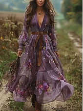 abordables Robes Bohémiennes-Femmes Robe Longue Maxi Robe Robe Décontractée Robe évasée Robe d&#039;été Robe bohème ancien Vacances Quotidien Fête Coupe régulière Fleuri Graphique manche longue Col en V Violet Été
