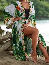 billiga Kaftans-Dam Badkläder Täck Över Baddräkt knyt fram Tropisk Standkläder Blomma V-hals Långärmad Baddräkter
