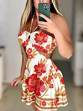ieftine Rochii Boho-Pentru femei Rochie Mini Rochie florala Rochie de vară Rochie cu decolteu Rochie imprimata Clasic Modern În aer liber Vacanță Concediu Fit regulat Floare Fără manșon Gâtul halter Alb Galben Roșu Vin