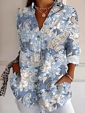 economico Top da Vacanza per Donne-Camicia da donna a maniche lunghe bottone giù blusa floreale grafica geometrica casual colletto regolare top da lavoro quotidiano vacanze bottoni stampa denim blu nero arancione azzurro estate