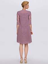 cheap With Jacket-Two Piece Sheath Mother of the Bride Dress Elegant Jewel Neck Knee Length Chiffon Lace Half Sleeve Wrap Included Jacket Dresses with Lace free custom size