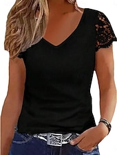 abordables Hauts en dentelle-Blouse pour femmes Tops en dentelle Couleur unie Quotidien Décontracté Manches courtes Col en V Tops réguliers Pantalon en dentelle Noir Blanc Été