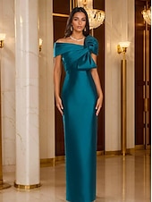 abordables Robes de cocktail-Robe de Soirée Fourreau  Colonne Élégante Robe Formelle Mariage Longueur de Sol Manches Courtes Épaule Dénudée Satin avec Nœud(s)