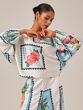 お買い得  ブラウス＆シャツ-女性用 女性 ブラウス フラワー 幾何学模様 果物 カジュアル 祝日 デイリーウェア パフスリーブ ホワイト ワンショルダー 長袖 エレガント 旅行度假风 カジュアル 普段着 ワンショルダー 夏 春 秋