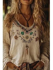 abordables Tops bohèmes-Femmes Chemisier occidental Chemise Bohème Chemisier Fleur Moderne Occasionnel manche longue Col en V Hauts Réguliers Quotidien Fête Sortir Imprimé Abricot Été
