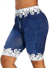 voordelige Blauwe 3D Print-Dames Leggings Shorts 3D Print Chino Vakantie Vintage Mode Knie-lengte Hoge Taille Bloem Print Comfortabel Zacht Comfortable Rekbaar Buiten Straat Zwart Rood Marine Blauw Paars Zomer Slim Fit