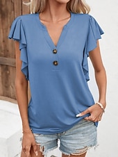 preiswerte Einfarbiges T-Shirt-Damen T Shirt Einfach Mode Modern Lässig Kurzarm V Ausschnitt Normale Oberteile Täglich Wochenende Rüsche Knöpfe Weiß Blau Dunkelgrün Grün Grau Sommer