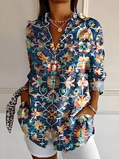 economico Top da Vacanza per Donne-Camicia da donna a maniche lunghe bottone giù blusa floreale grafica geometrica casual colletto regolare top da lavoro quotidiano vacanze bottoni stampa denim blu nero arancione azzurro estate