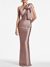 preiswerte SCHWARZ-Meerjungfrau Abendkleid Elegantes Kleid Formeller Hochzeitsgast Knöchellang Ärmellos Eine Schulter Satin mit Schleife(n) Schlitz Maskeradenkleid 2025