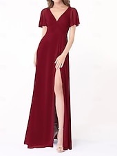 economico Abiti da damigella-Abito A-Line Damigella d&#039;Onore V Collo Manica Corta Elegante Lunghezza del Pavimento Chiffon con Fessura Frontale/Ruching