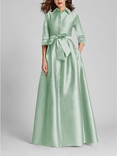 preiswerte GELB-A-Linien-Abendkleid Champagner Gold Minimalistisches Kleid Formal Hochzeitsgast Bodenlang Halber Ärmel Hemdkragen Satin mit Schleife(n) Falten