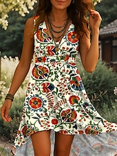 abordables Robes Bohémiennes-Femmes Robe Midi Robe trapèze Robe d&#039;été Vacances Occasionnel Boho Sortir Plage Coupe régulière Fleuri Graphique Sans manches Col en V Jaune Bleu Violet Vert Été Printemps