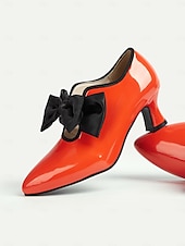 ieftine anii 1920-Pantofi de damă din piele lăcuită roșie cu toc jos – pantofi cu vârful ascuțit, stil vintage anii 1920, cu fundă neagră, pentru petreceri de ceai, nunți și evenimente retro