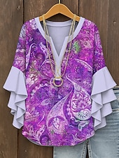 levne Dámské boho topy-Dámské Halenka Grafika Kašmírový vzor Elegantní Čechy Geleneksel 3/4 délka rukávu Do V Běžné topy Denní Dovolená Oblečení na dovolenou Volány Tisk Rubínově červená Vodní modrá Fialová Oranžov