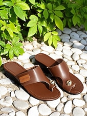cheap Casual Sandals-Women&#039;s Casual Brown Slide Sandals - Simple and Comfortable with Toe Loop and Gold Accent, Ideal for Outdoor Activities and Beach Days